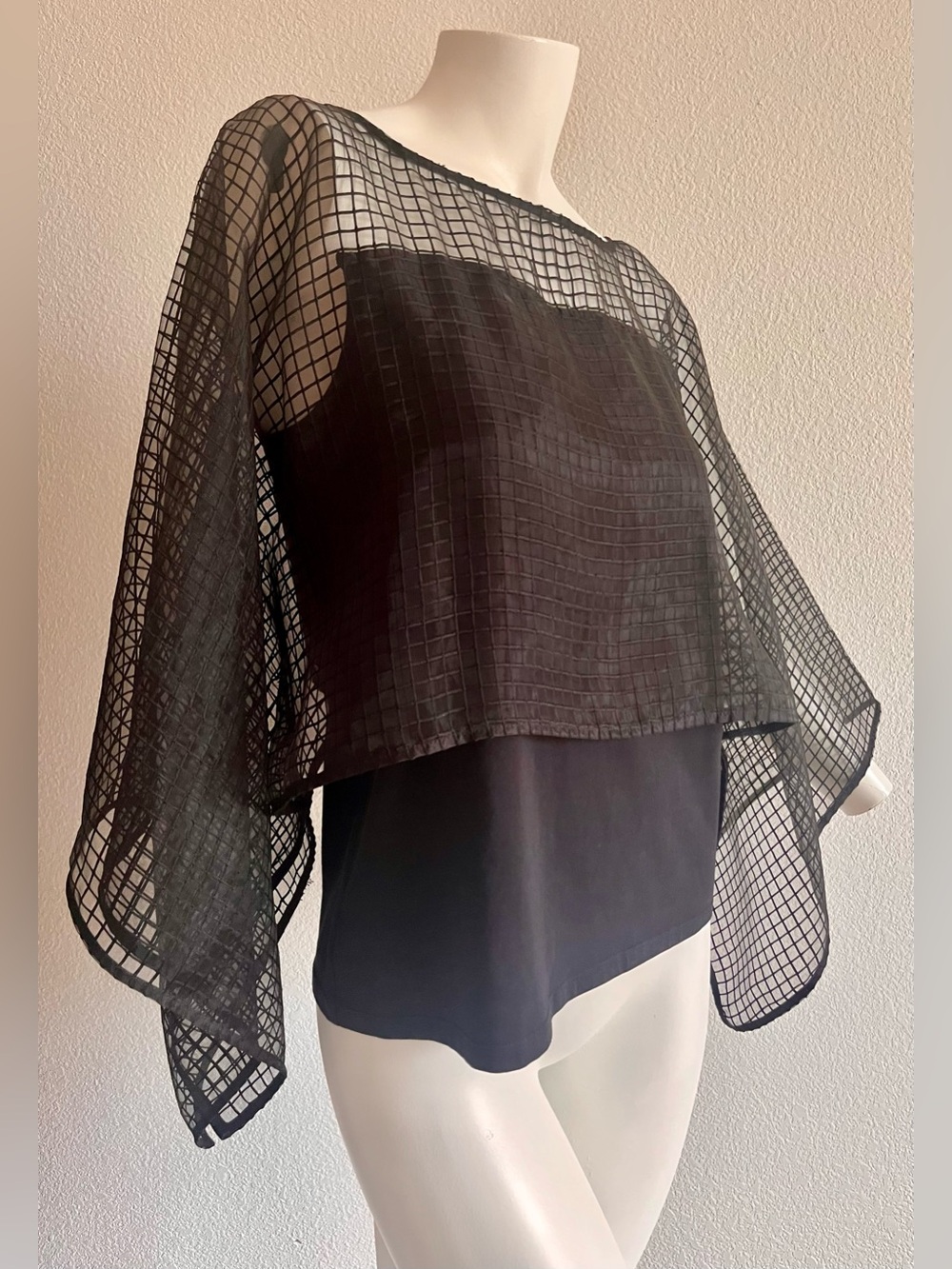 Anne Fontaine NOLANN Black Sheer Mesh Cape Sleeve Top Size 40